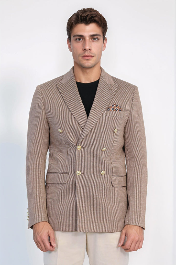WSS Sand Beige Pinstriped Slim Fit Double-Breasted Blazer with Gold Metal Buttons –  - Benevento