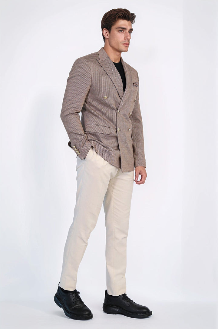 WSS Sand Beige Pinstriped Slim Fit Double-Breasted Blazer with Gold Metal Buttons –  - Benevento