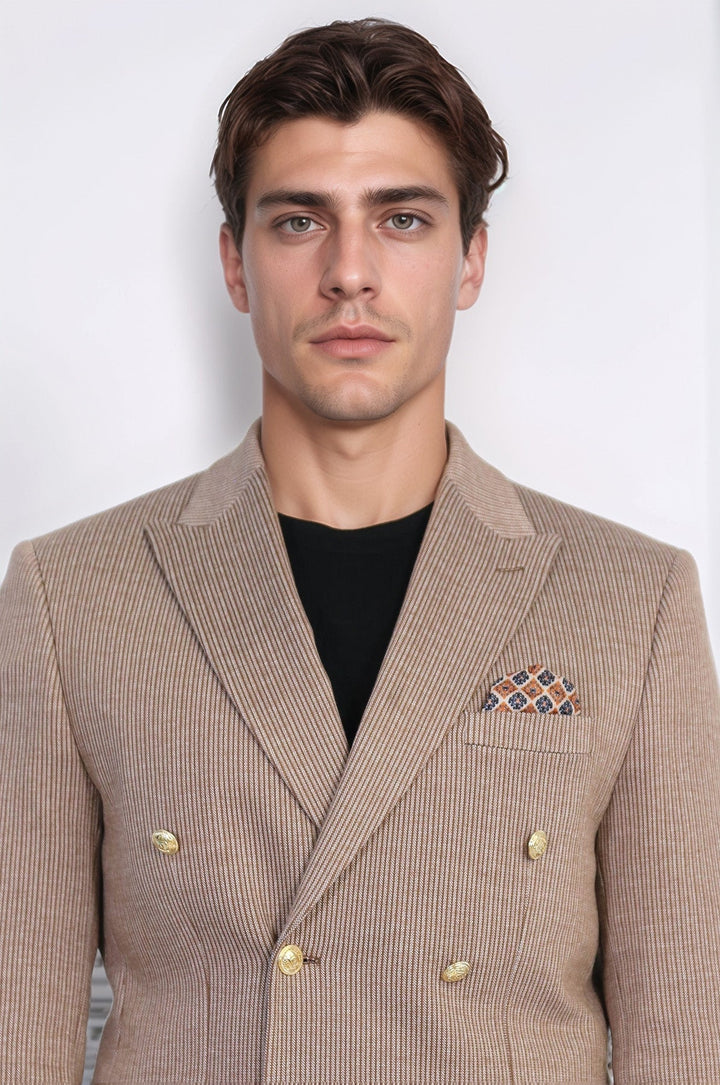WSS Sand Beige Pinstriped Slim Fit Double-Breasted Blazer with Gold Metal Buttons –  - Benevento