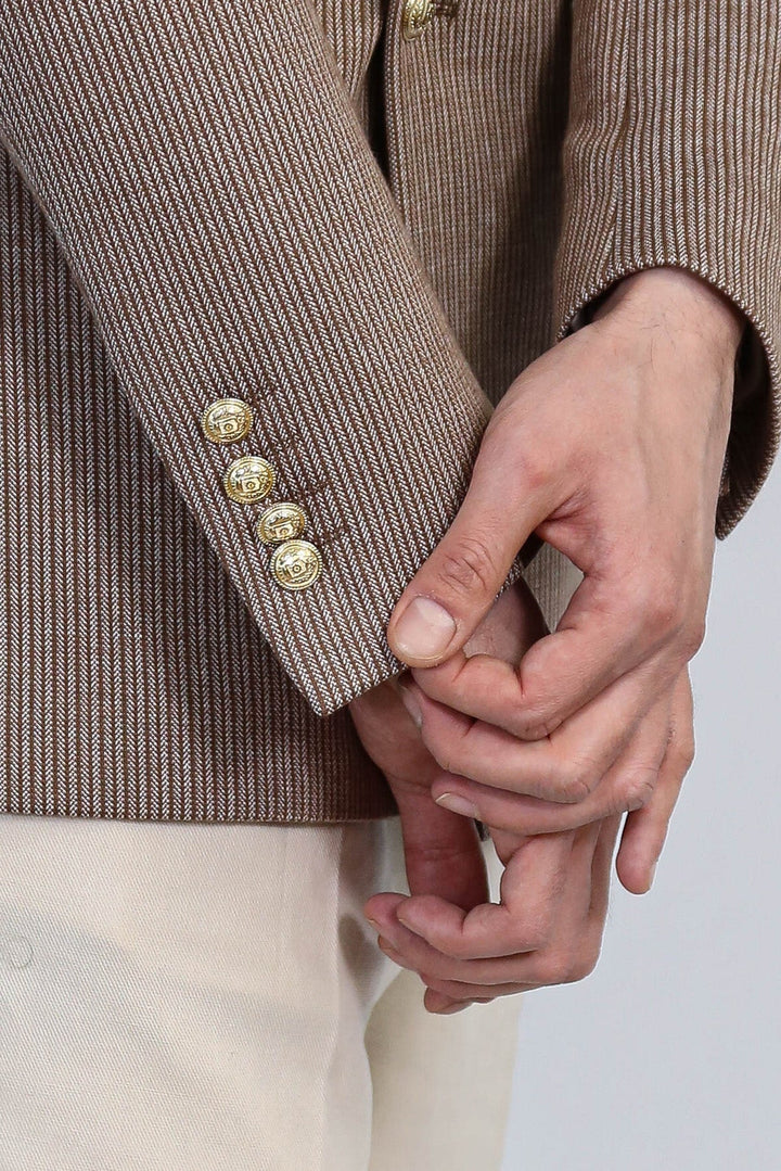 WSS Sand Beige Pinstriped Slim Fit Double-Breasted Blazer with Gold Metal Buttons –  - Benevento