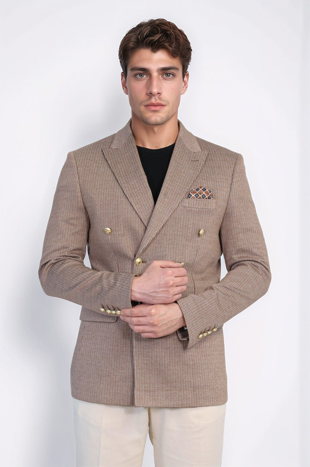 WSS Sand Beige Pinstriped Slim Fit Double-Breasted Blazer with Gold Metal Buttons –  - Benevento
