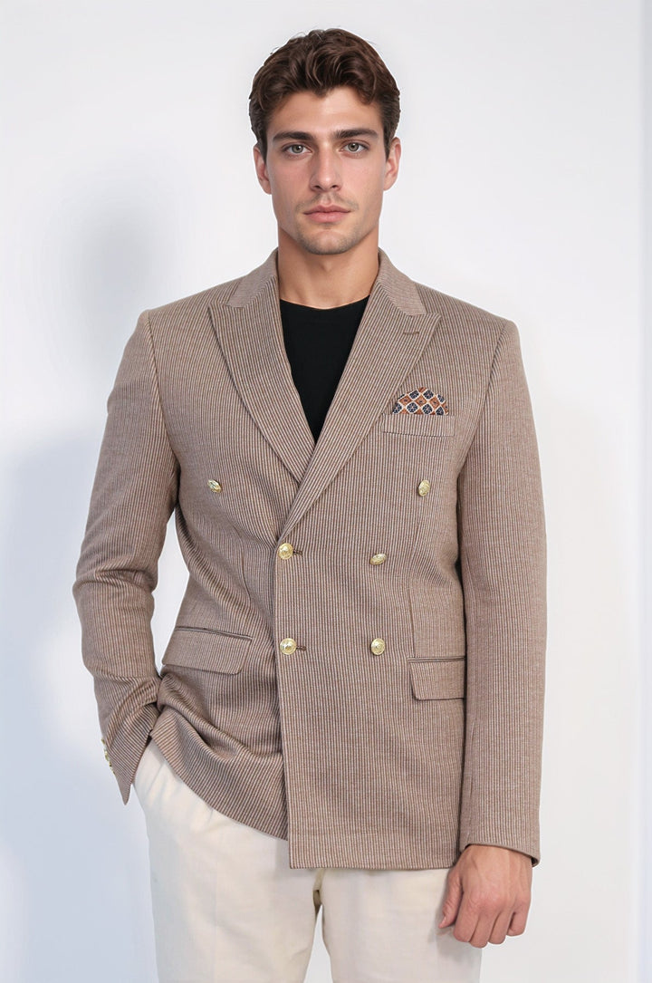 WSS Sand Beige Pinstriped Slim Fit Double-Breasted Blazer with Gold Metal Buttons –  - Benevento