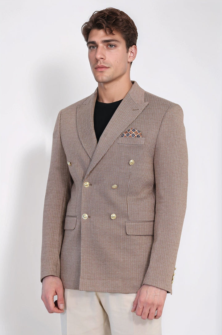 WSS Sand Beige Pinstriped Slim Fit Double-Breasted Blazer with Gold Metal Buttons –  - Benevento