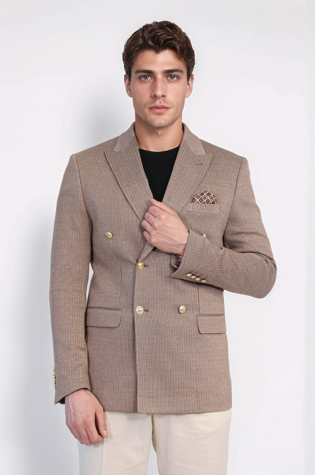 WSS Sand Beige Pinstriped Slim Fit Double-Breasted Blazer with Gold Metal Buttons –  - Benevento
