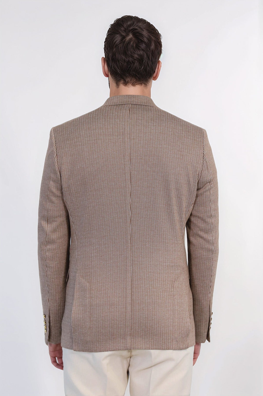 WSS Sand Beige Pinstriped Slim Fit Double-Breasted Blazer with Gold Metal Buttons –  - Benevento