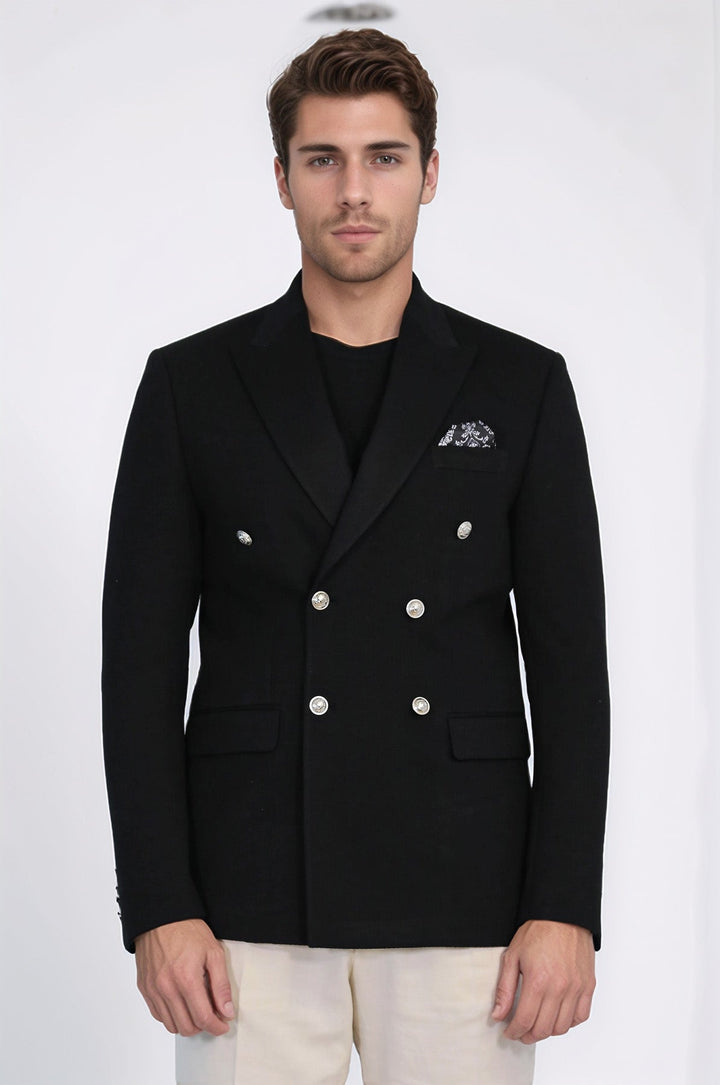 WSS Black Solid Slim Fit Double-Breasted Blazer with Silver Metal Buttons –  - Kingston upon Hull