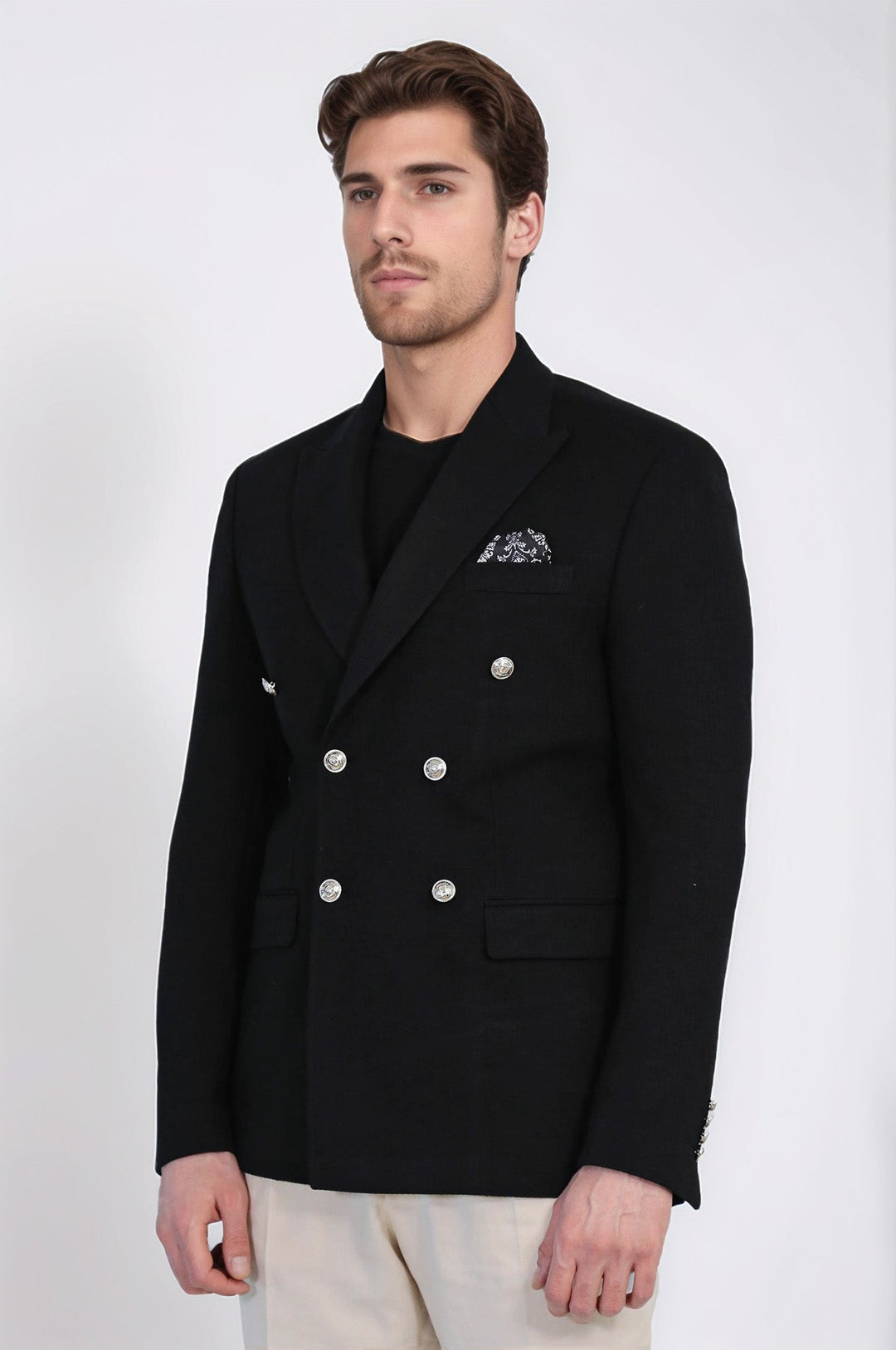 WSS Black Solid Slim Fit Double-Breasted Blazer with Silver Metal Buttons –  - Kingston upon Hull