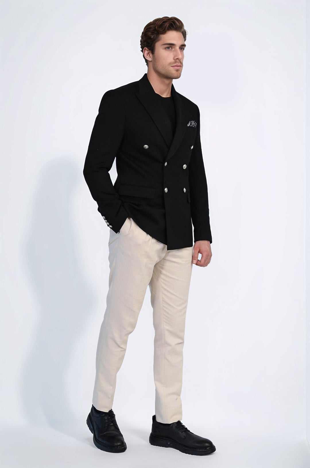 WSS Black Solid Slim Fit Double-Breasted Blazer with Silver Metal Buttons –  - Kingston upon Hull