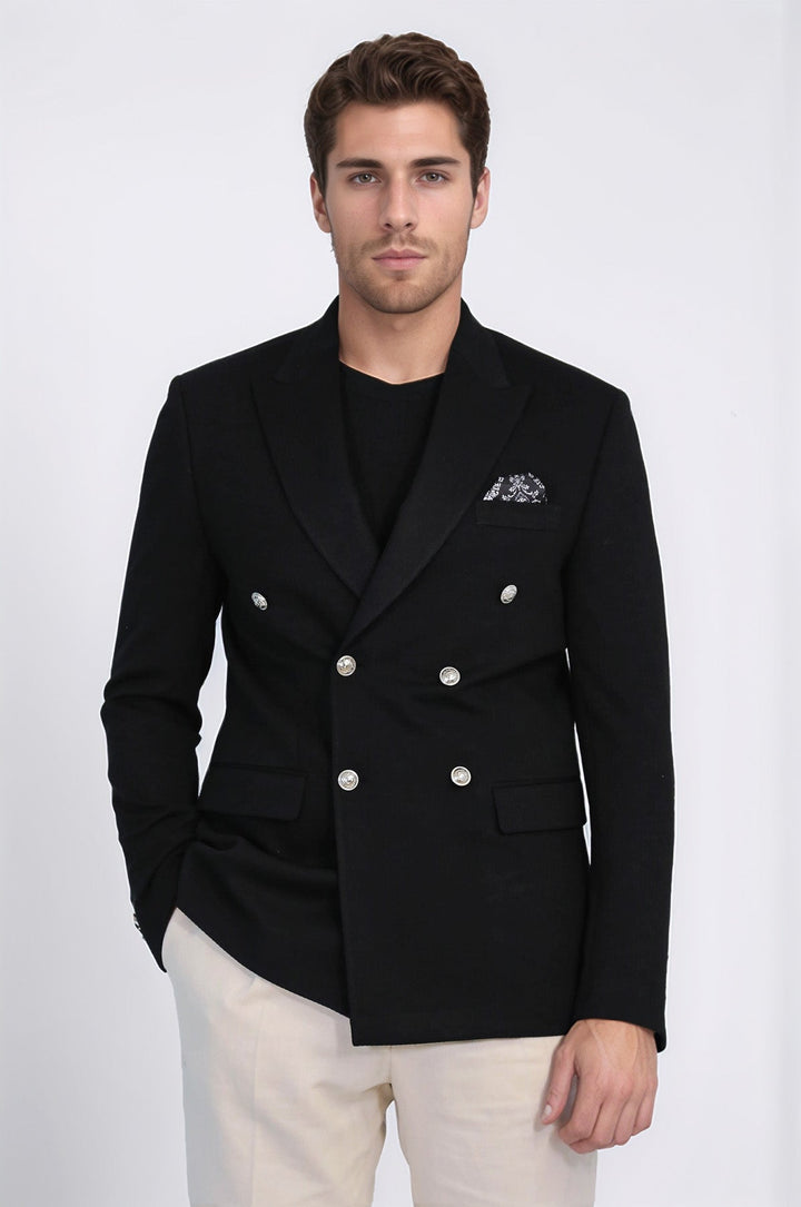 WSS Black Solid Slim Fit Double-Breasted Blazer with Silver Metal Buttons –  - Kingston upon Hull