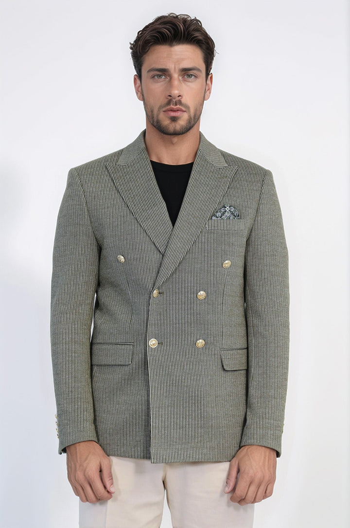 WSS Olive Green Pinstriped Slim Fit Double-Breasted Blazer with Gold Metal Buttons –  - Avellino