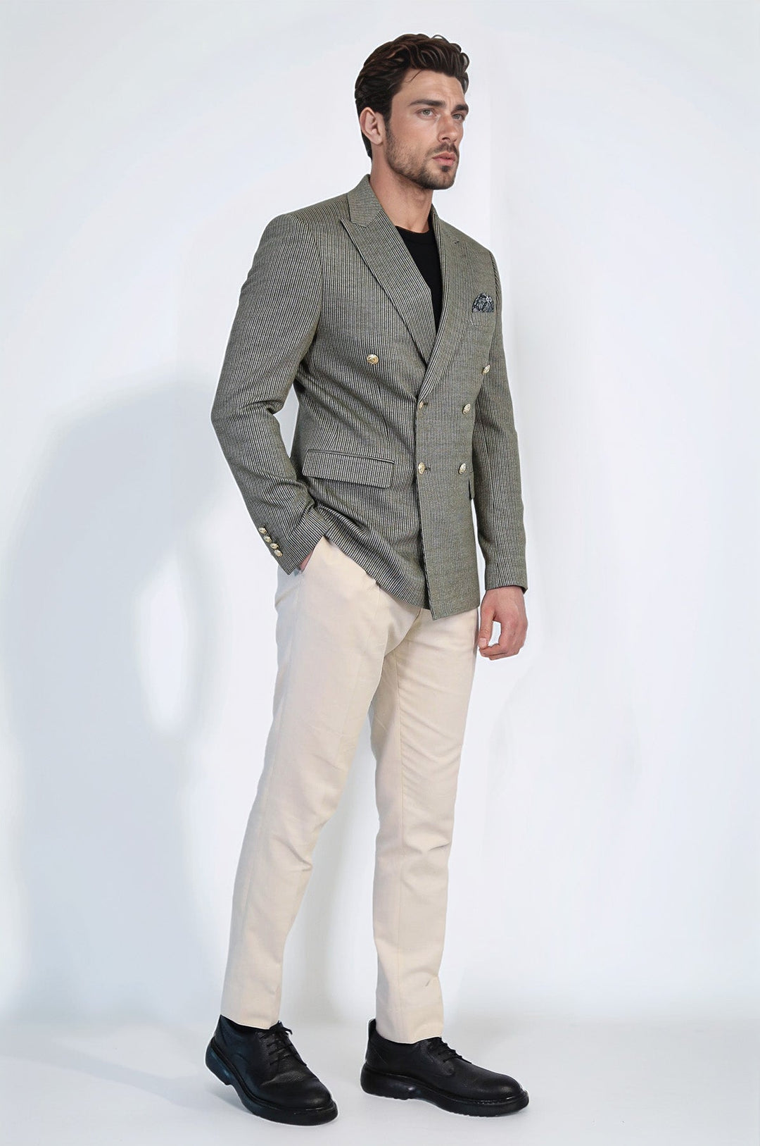 WSS Olive Green Pinstriped Slim Fit Double-Breasted Blazer with Gold Metal Buttons –  - Avellino