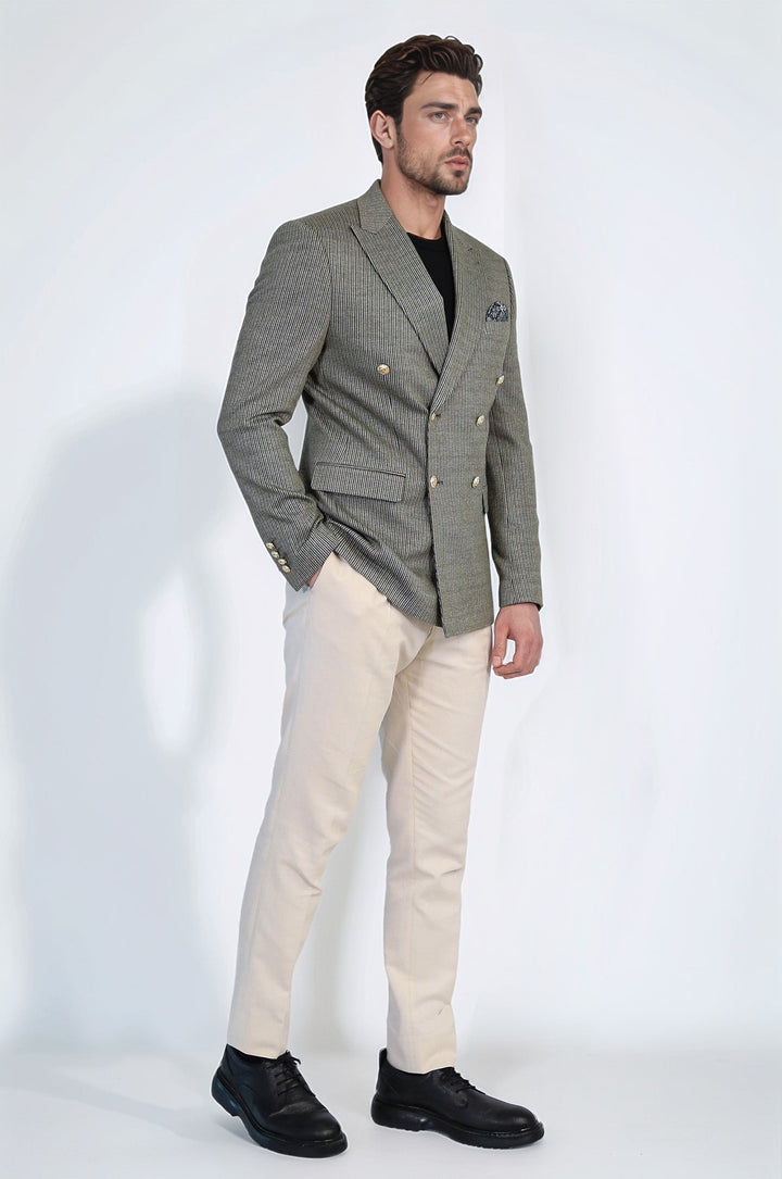 WSS Olive Green Pinstriped Slim Fit Double-Breasted Blazer with Gold Metal Buttons –  - Avellino
