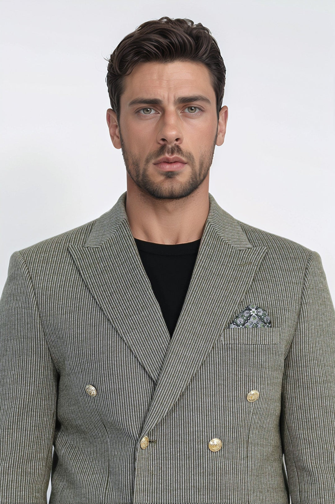 WSS Olive Green Pinstriped Slim Fit Double-Breasted Blazer with Gold Metal Buttons –  - Avellino
