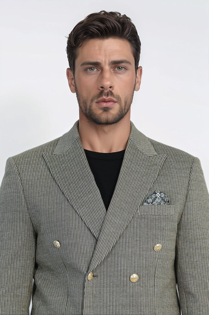 WSS Olive Green Pinstriped Slim Fit Double-Breasted Blazer with Gold Metal Buttons –  - Avellino