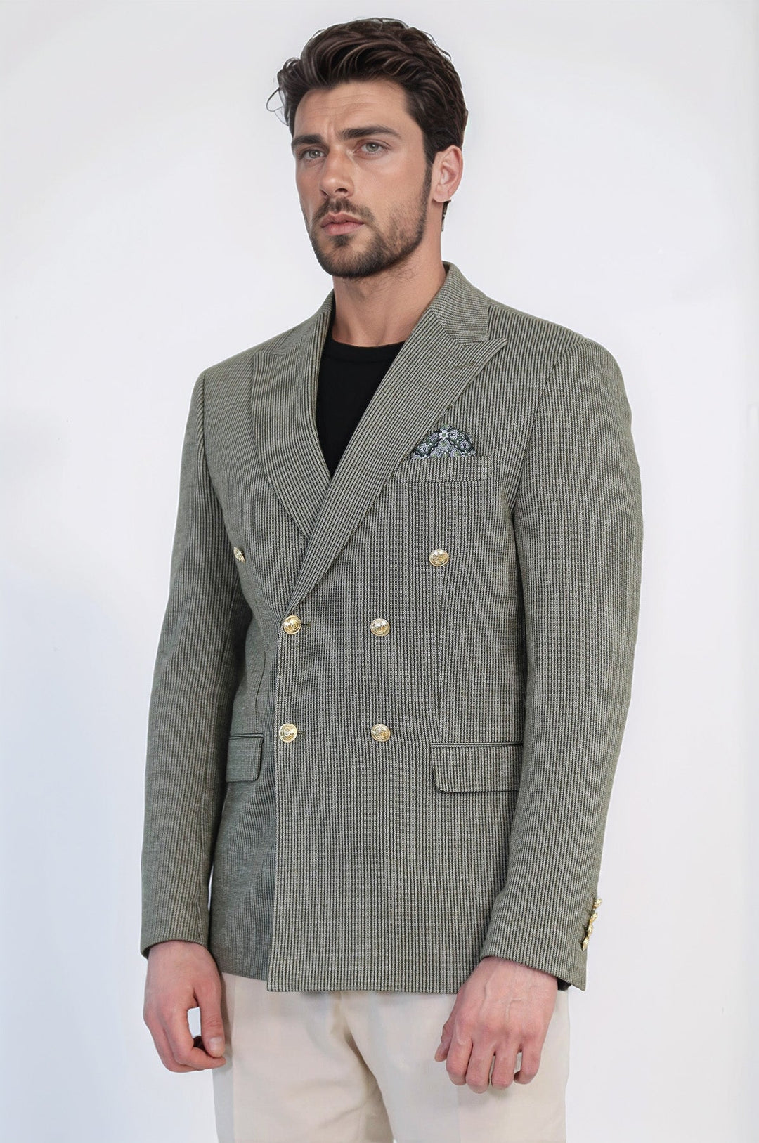 WSS Olive Green Pinstriped Slim Fit Double-Breasted Blazer with Gold Metal Buttons –  - Avellino