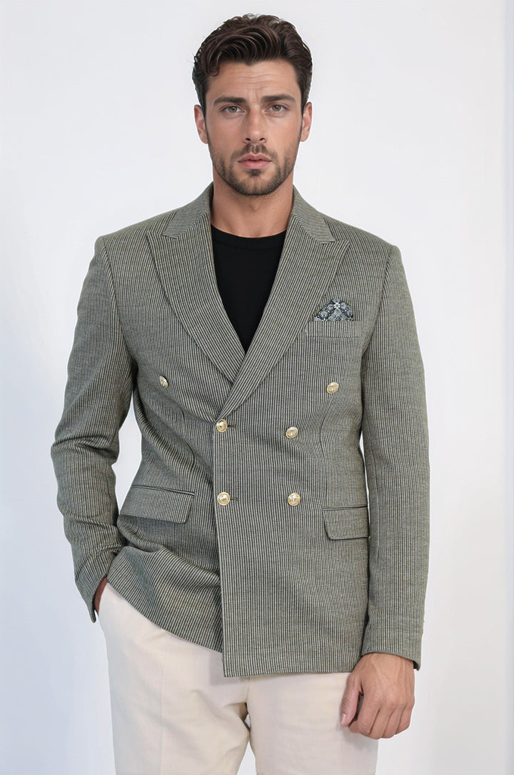 WSS Olive Green Pinstriped Slim Fit Double-Breasted Blazer with Gold Metal Buttons –  - Avellino