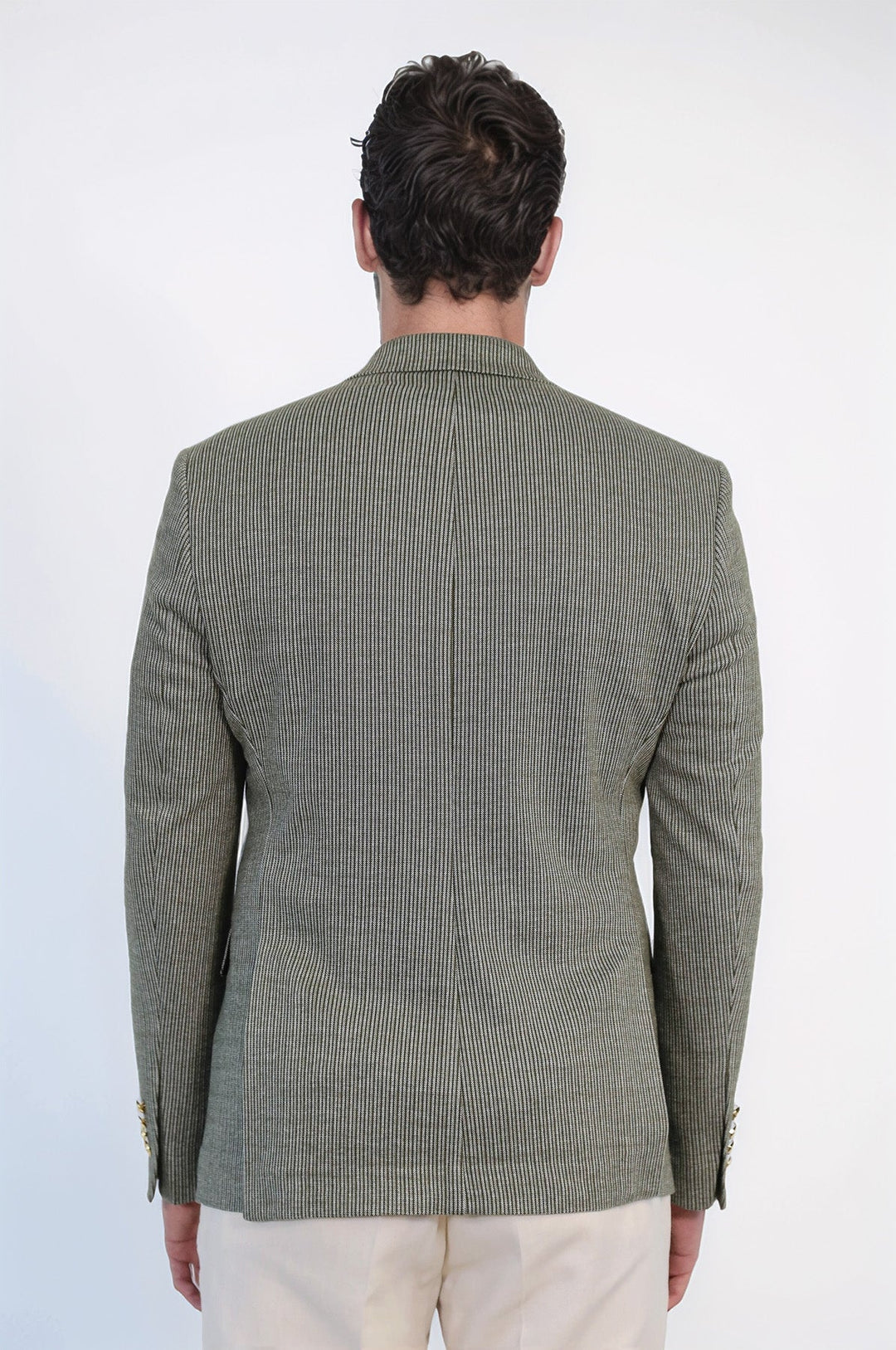 WSS Olive Green Pinstriped Slim Fit Double-Breasted Blazer with Gold Metal Buttons –  - Avellino