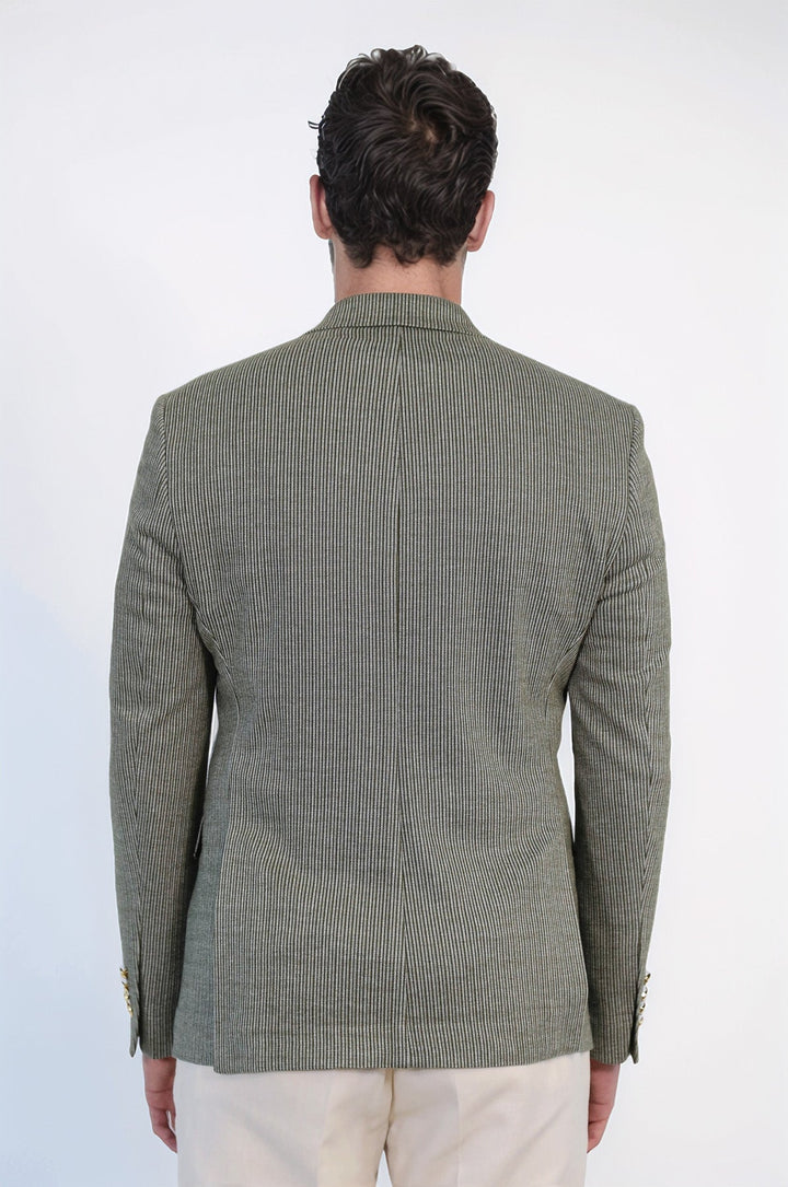 WSS Olive Green Pinstriped Slim Fit Double-Breasted Blazer with Gold Metal Buttons –  - Avellino