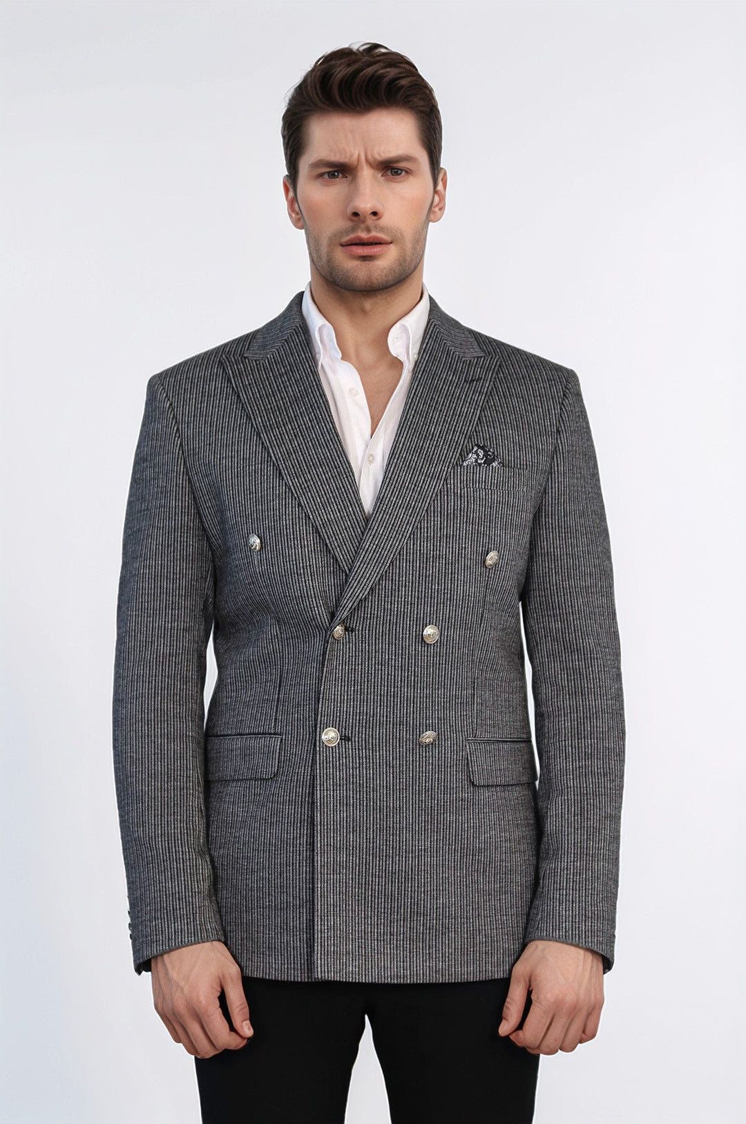 WSS Black Pinstriped Slim Fit Double-Breasted Blazer with Silver Metal Buttons –  - Wheaton