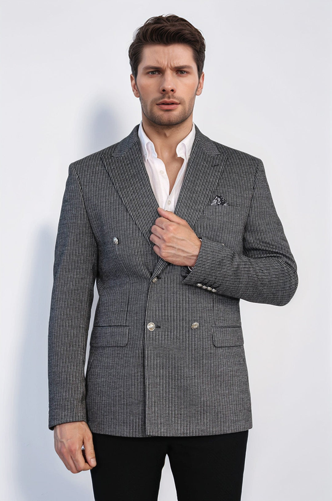 WSS Black Pinstriped Slim Fit Double-Breasted Blazer with Silver Metal Buttons –  - Wheaton