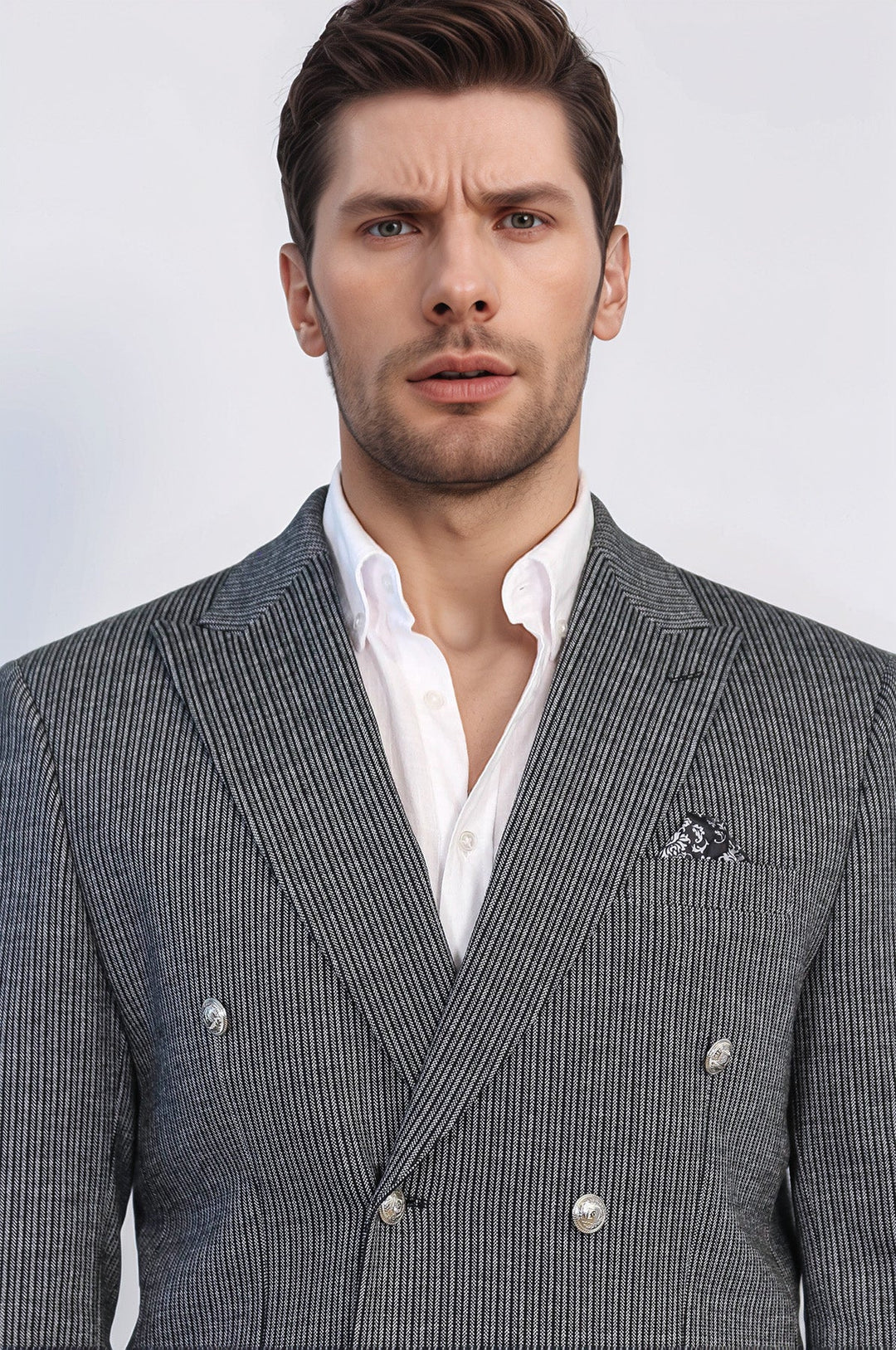 WSS Black Pinstriped Slim Fit Double-Breasted Blazer with Silver Metal Buttons –  - Wheaton