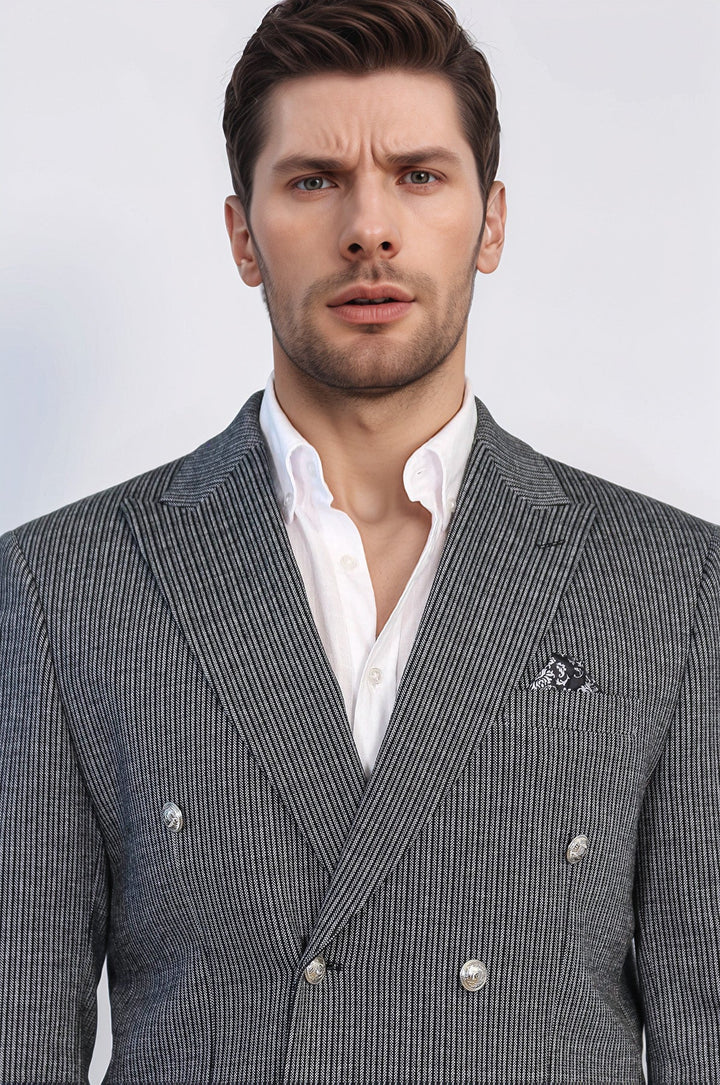WSS Black Pinstriped Slim Fit Double-Breasted Blazer with Silver Metal Buttons –  - Wheaton