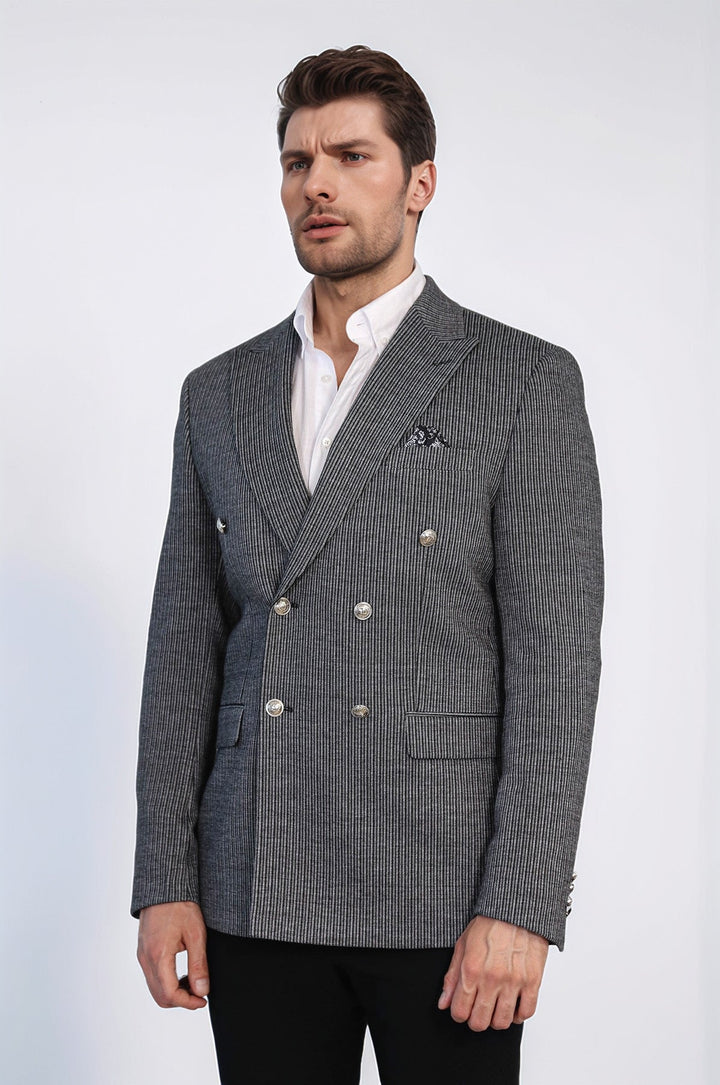 WSS Black Pinstriped Slim Fit Double-Breasted Blazer with Silver Metal Buttons –  - Wheaton