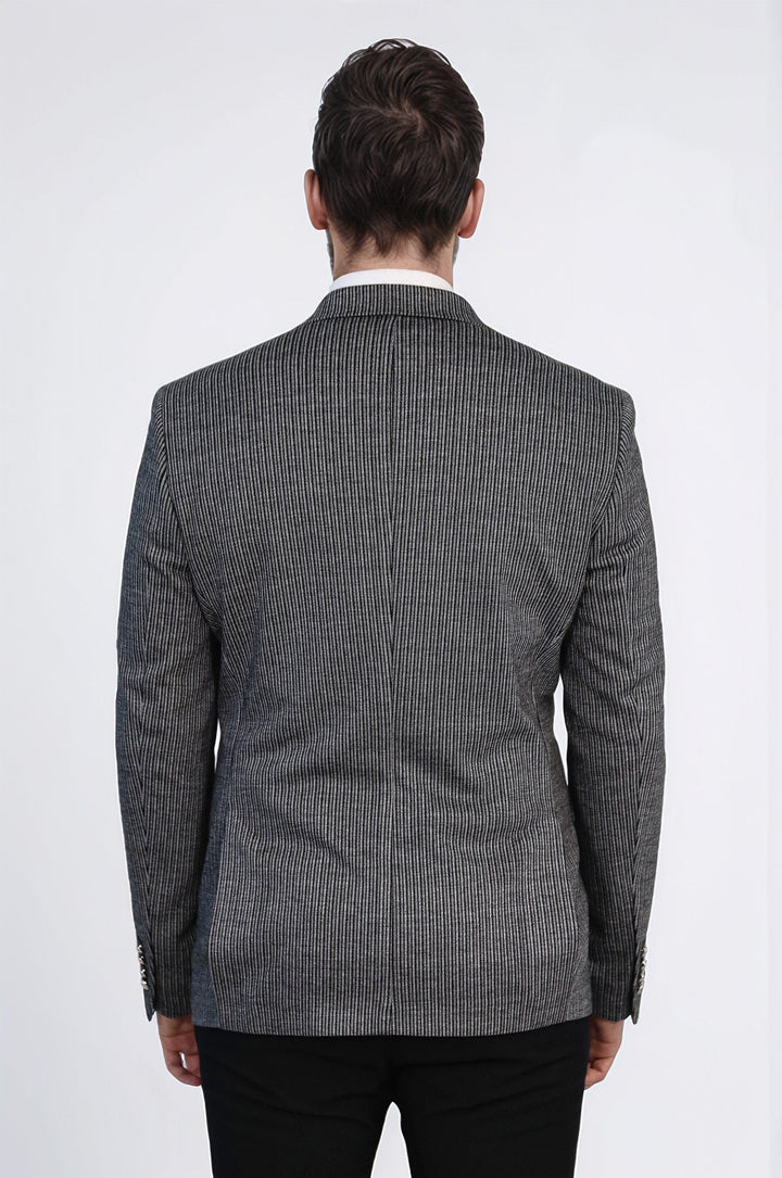 WSS Black Pinstriped Slim Fit Double-Breasted Blazer with Silver Metal Buttons –  - Wheaton