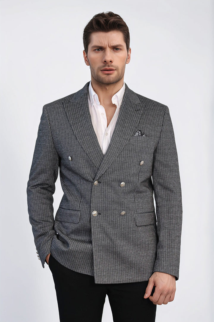 WSS Black Pinstriped Slim Fit Double-Breasted Blazer with Silver Metal Buttons –  - Wheaton