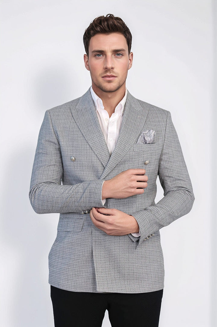 WSS Black Micro-Check Slim Fit Double-Breasted Blazer with Silver Metal Buttons –  - Lake Oswego