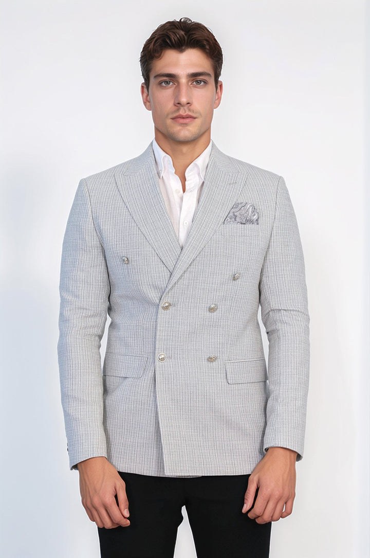 WSS Gray Micro-Check Slim Fit Double-Breasted Blazer with Silver Metal Buttons –  - Nordhorn