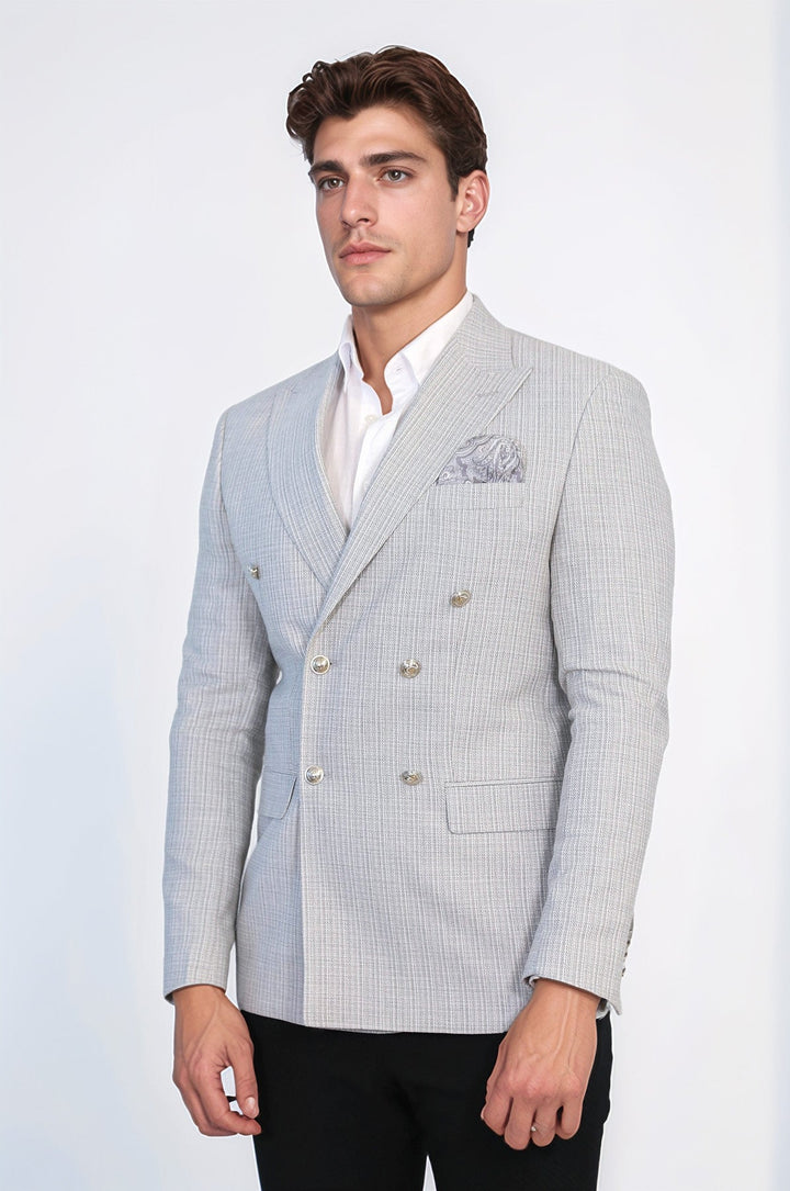 WSS Gray Micro-Check Slim Fit Double-Breasted Blazer with Silver Metal Buttons –  - Nordhorn