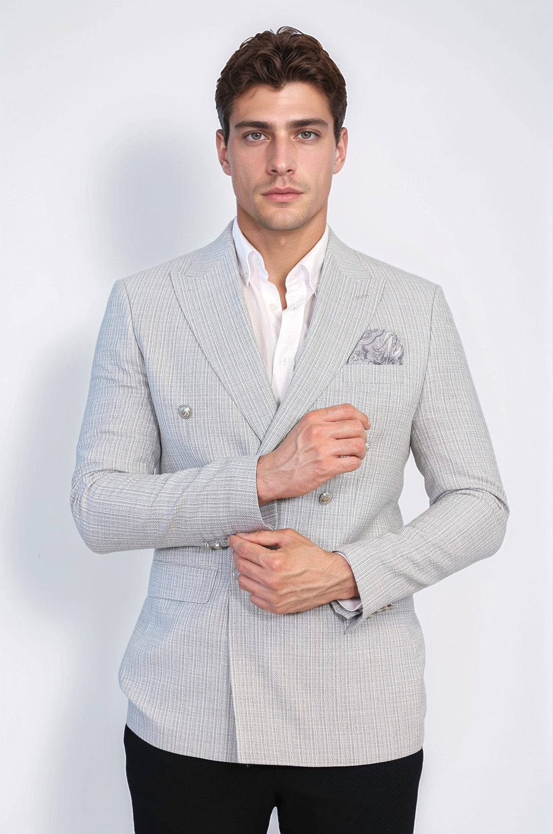 WSS Gray Micro-Check Slim Fit Double-Breasted Blazer with Silver Metal Buttons –  - Nordhorn