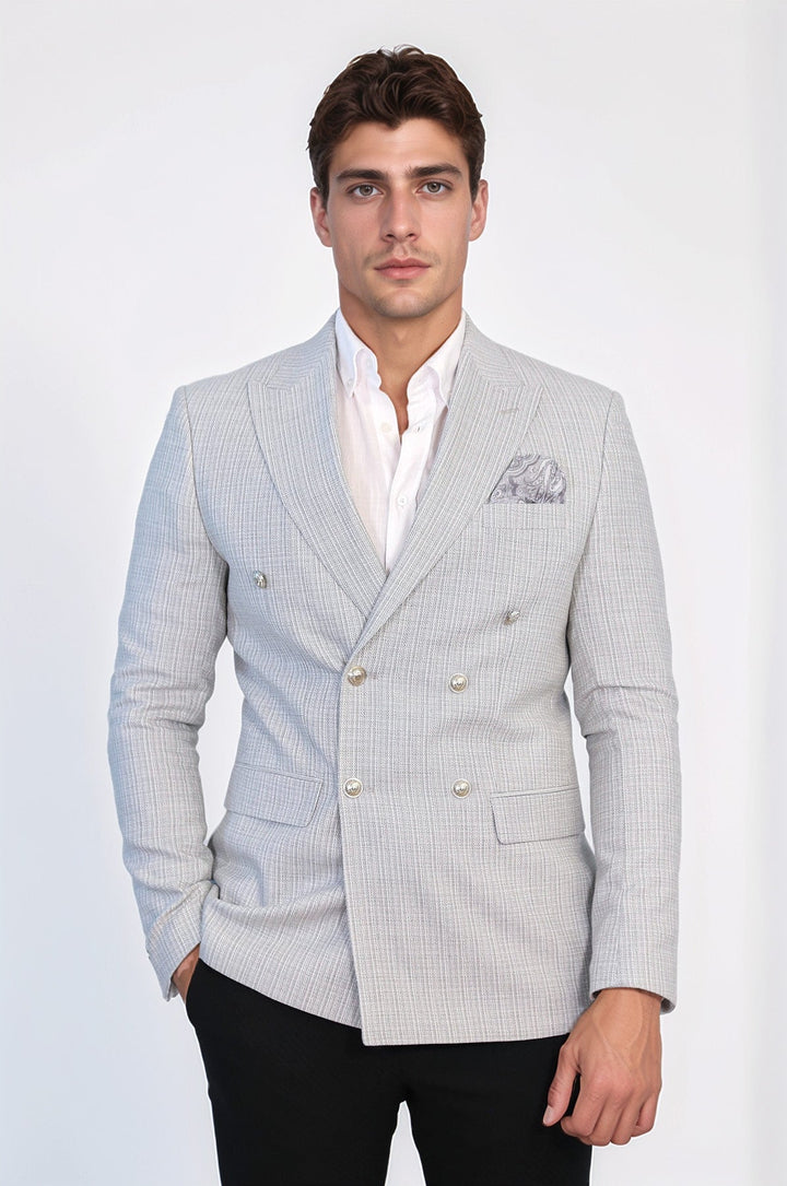 WSS Gray Micro-Check Slim Fit Double-Breasted Blazer with Silver Metal Buttons –  - Nordhorn