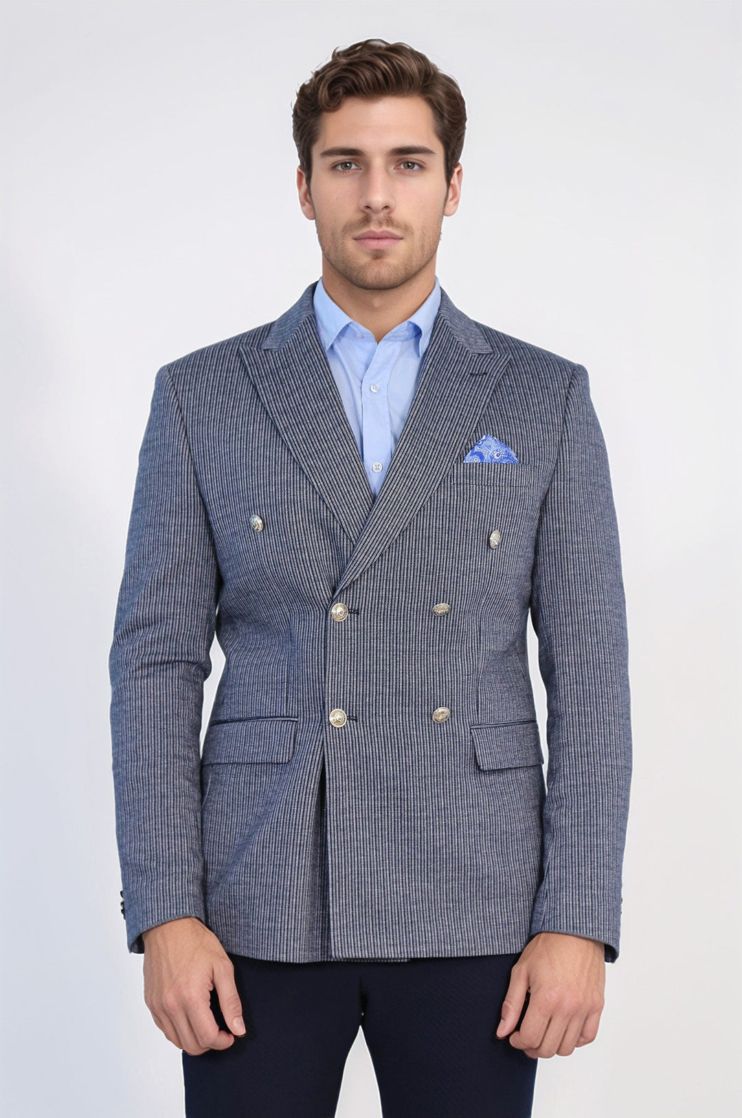 WSS Navy Pinstriped Slim Fit Double-Breasted Blazer with Silver Metal Buttons –  - Kirchheim unter Teck