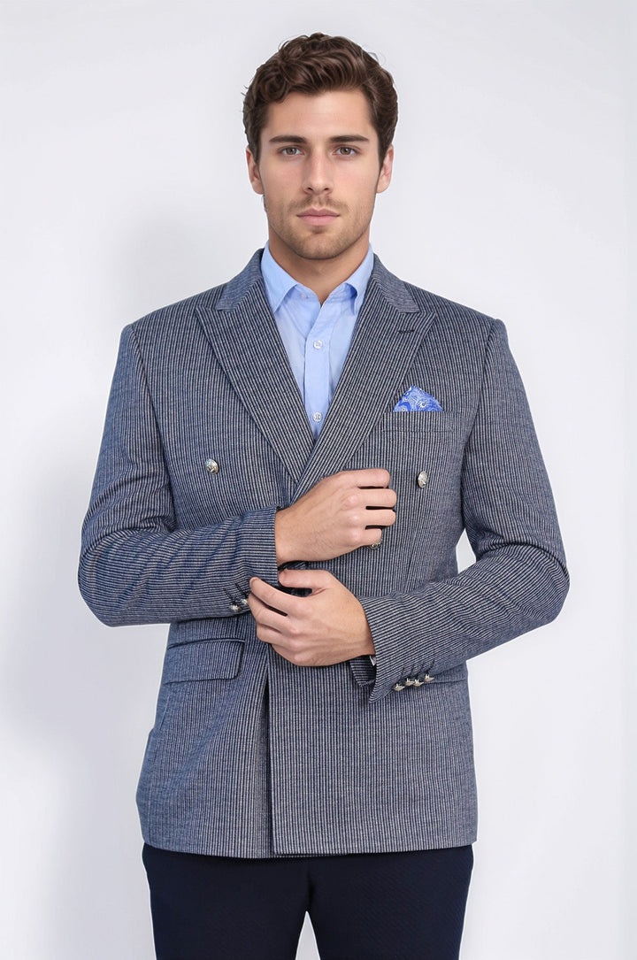 WSS Navy Pinstriped Slim Fit Double-Breasted Blazer with Silver Metal Buttons –  - Kirchheim unter Teck
