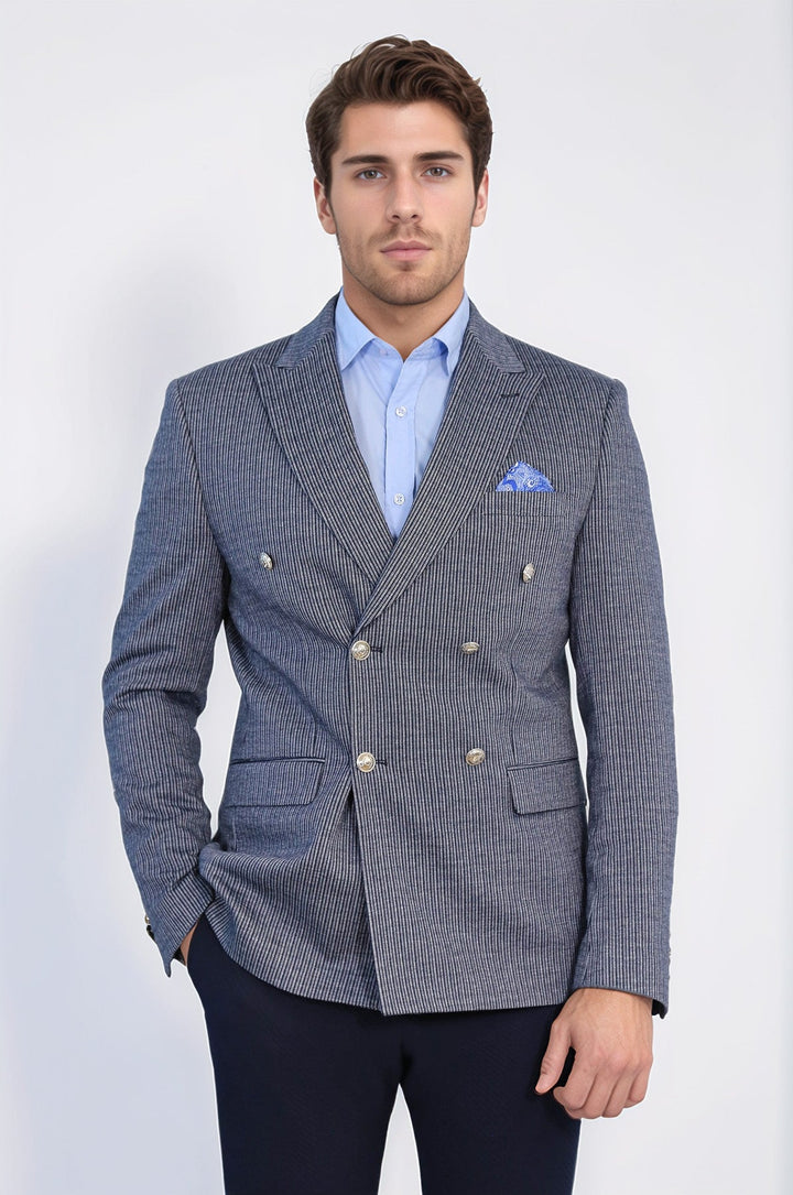 WSS Navy Pinstriped Slim Fit Double-Breasted Blazer with Silver Metal Buttons –  - Kirchheim unter Teck