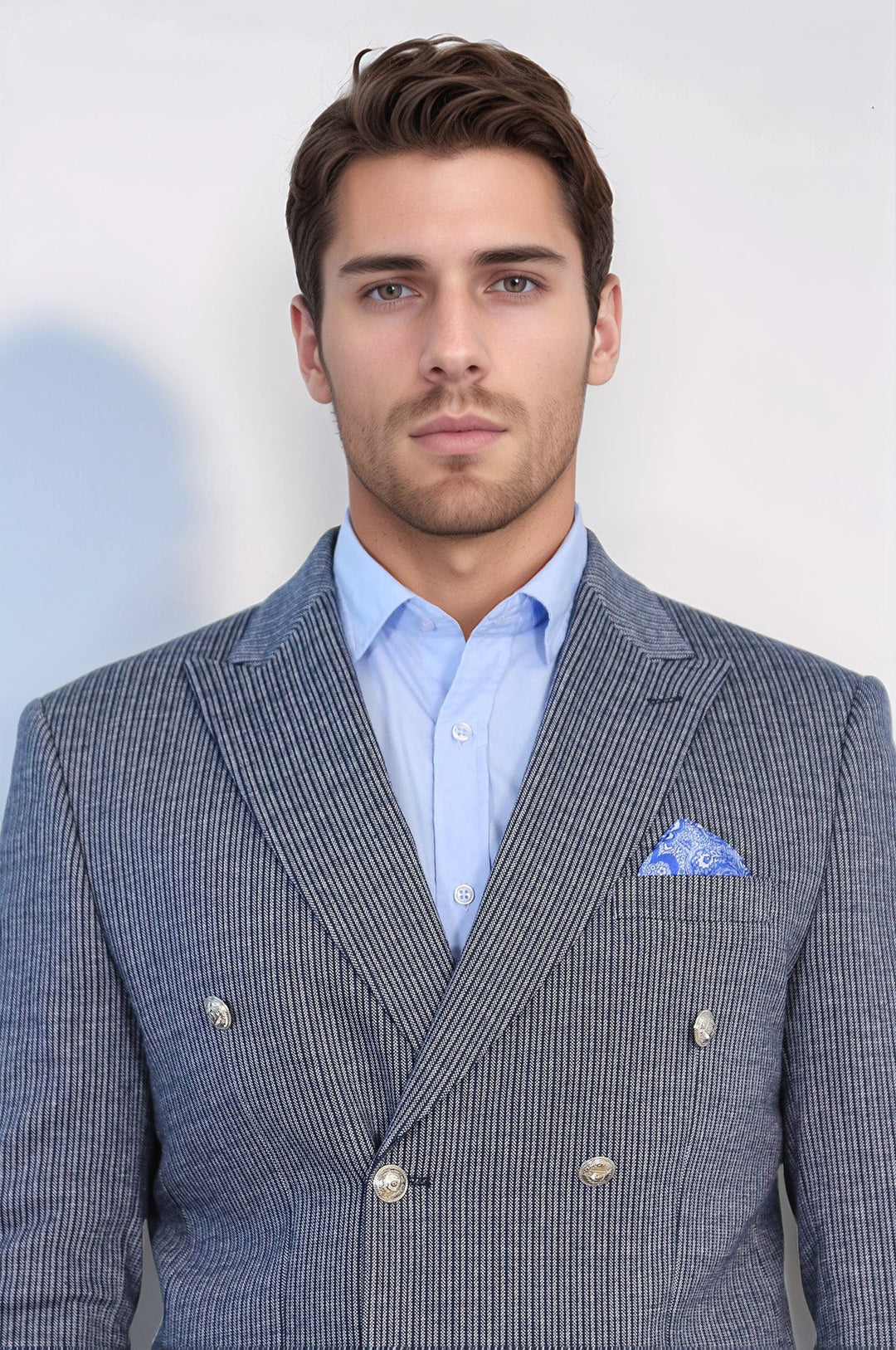 WSS Navy Pinstriped Slim Fit Double-Breasted Blazer with Silver Metal Buttons –  - Kirchheim unter Teck