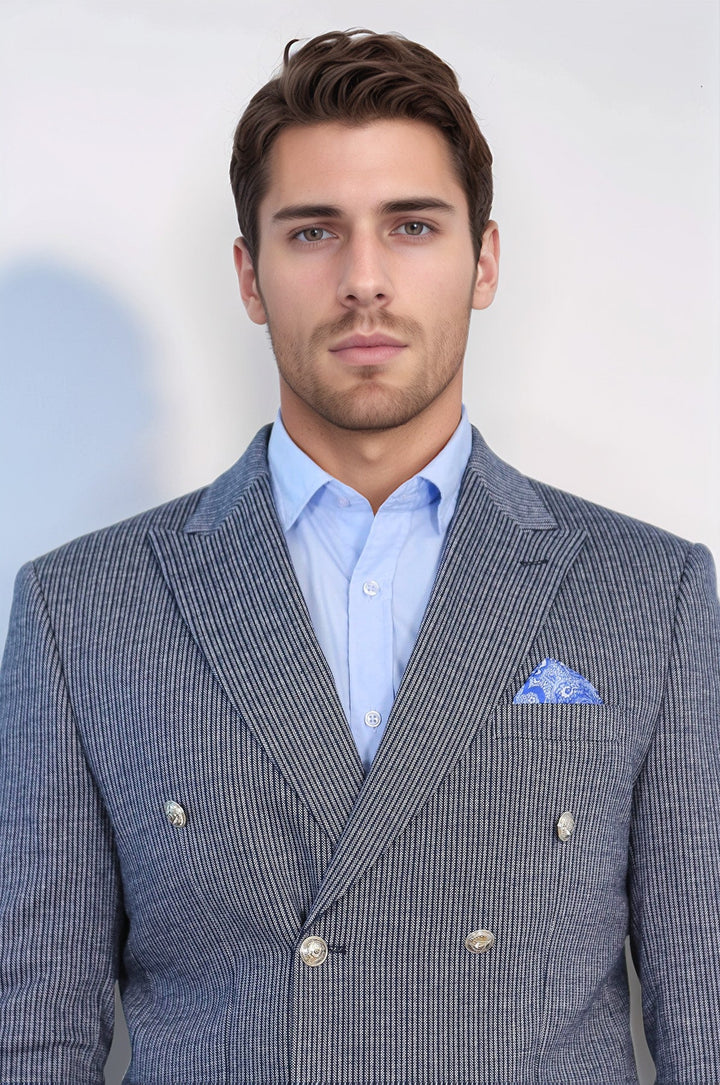 WSS Navy Pinstriped Slim Fit Double-Breasted Blazer with Silver Metal Buttons –  - Kirchheim unter Teck