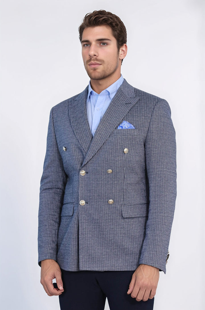WSS Navy Pinstriped Slim Fit Double-Breasted Blazer with Silver Metal Buttons –  - Kirchheim unter Teck