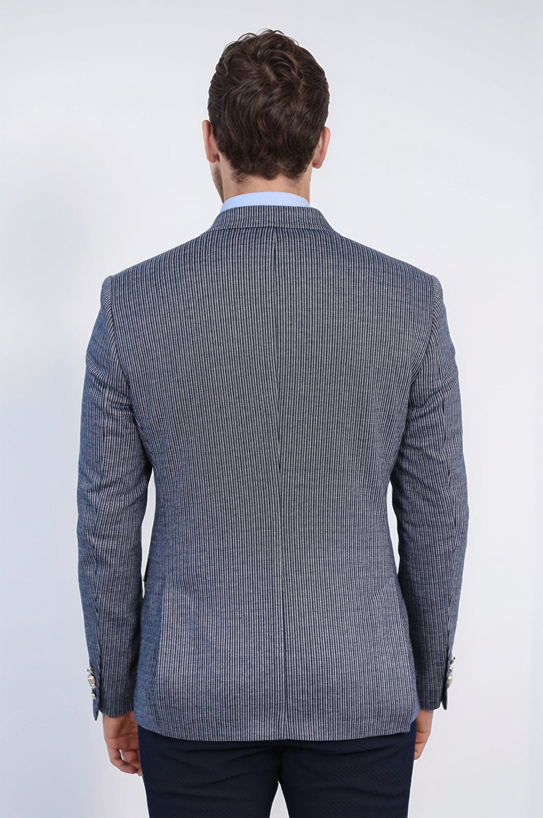 WSS Navy Pinstriped Slim Fit Double-Breasted Blazer with Silver Metal Buttons –  - Kirchheim unter Teck