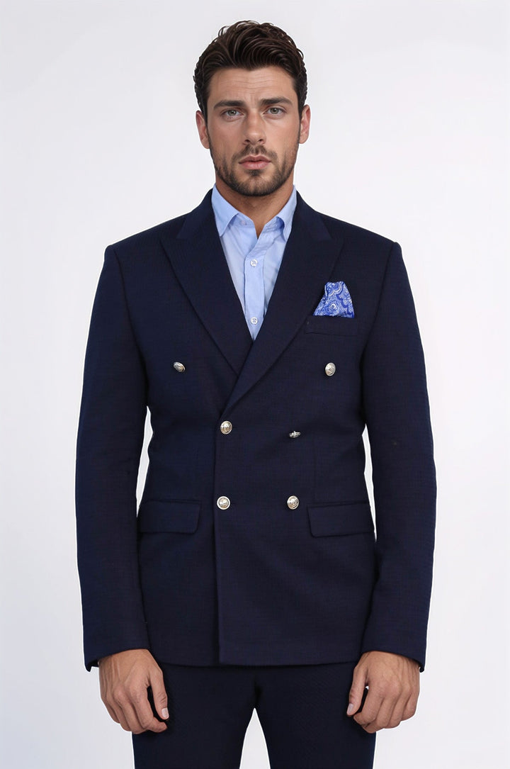 WSS Navy Blue Solid Slim Fit Double-Breasted Blazer with Silver Metal Buttons –  - Westchester