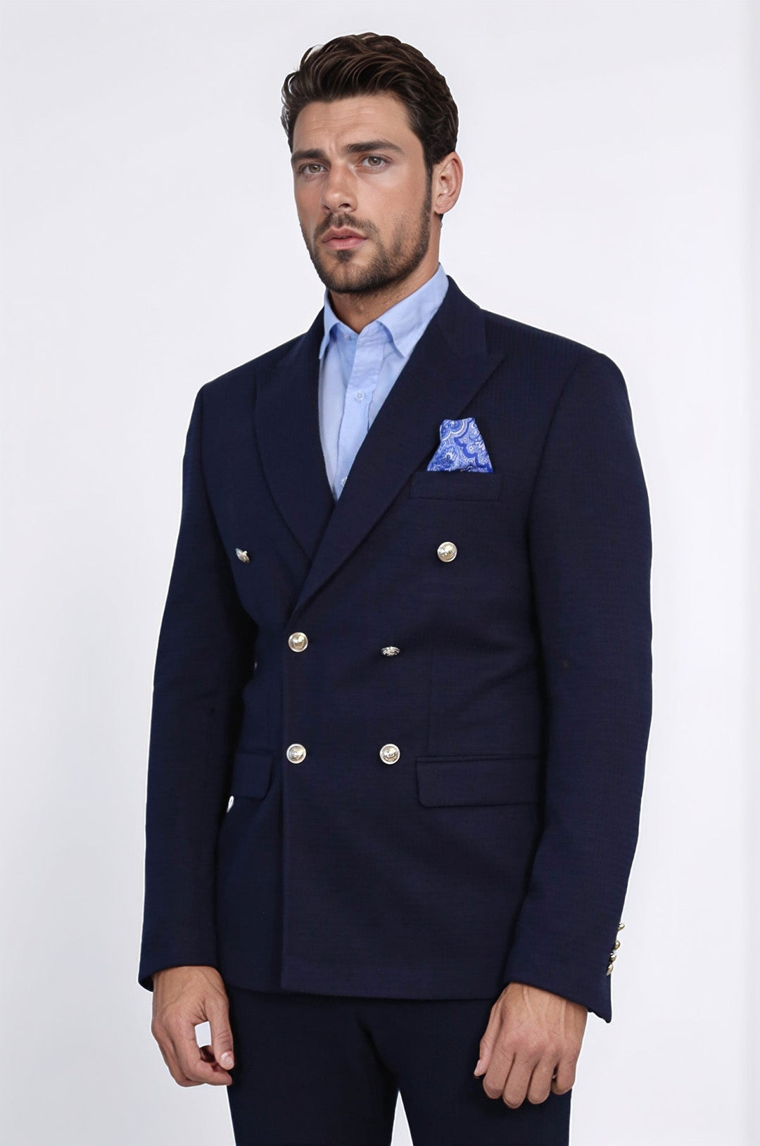WSS Navy Blue Solid Slim Fit Double-Breasted Blazer with Silver Metal Buttons –  - Westchester