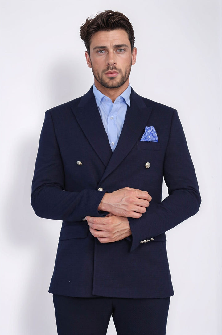 WSS Navy Blue Solid Slim Fit Double-Breasted Blazer with Silver Metal Buttons –  - Westchester