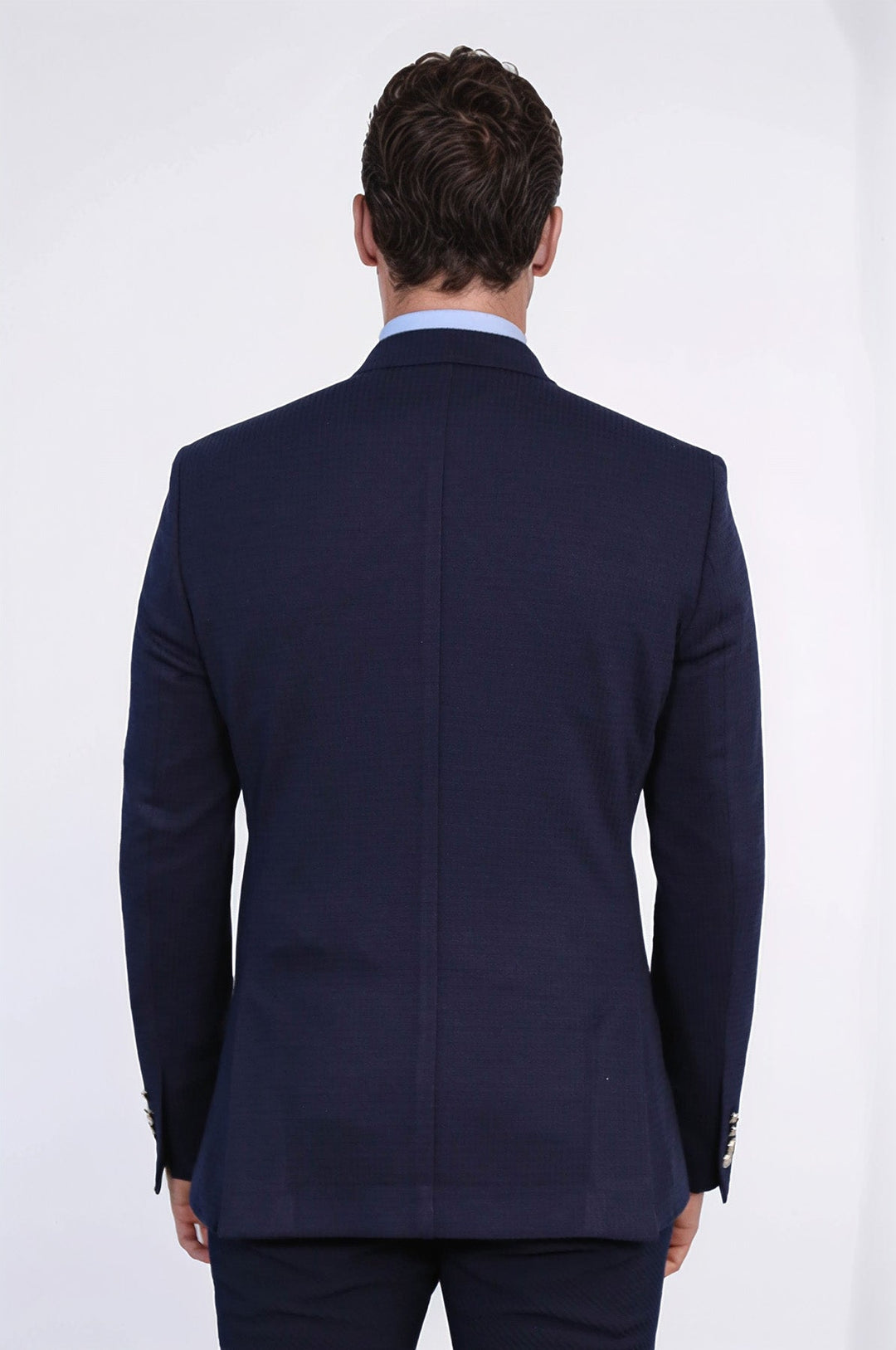 WSS Navy Blue Solid Slim Fit Double-Breasted Blazer with Silver Metal Buttons –  - Westchester