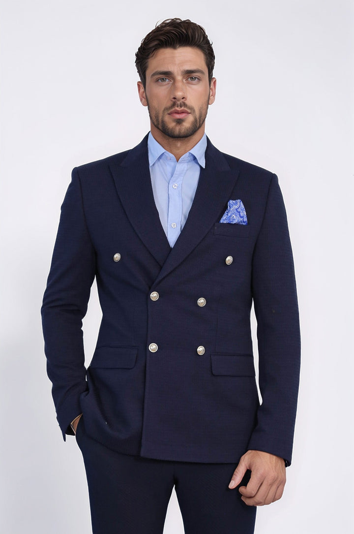WSS Navy Blue Solid Slim Fit Double-Breasted Blazer with Silver Metal Buttons –  - Westchester