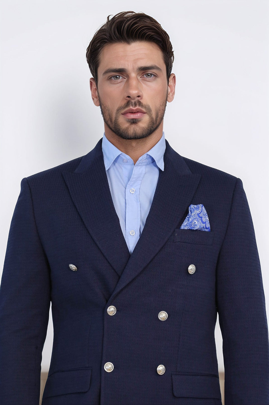 WSS Navy Blue Solid Slim Fit Double-Breasted Blazer with Silver Metal Buttons –  - Westchester