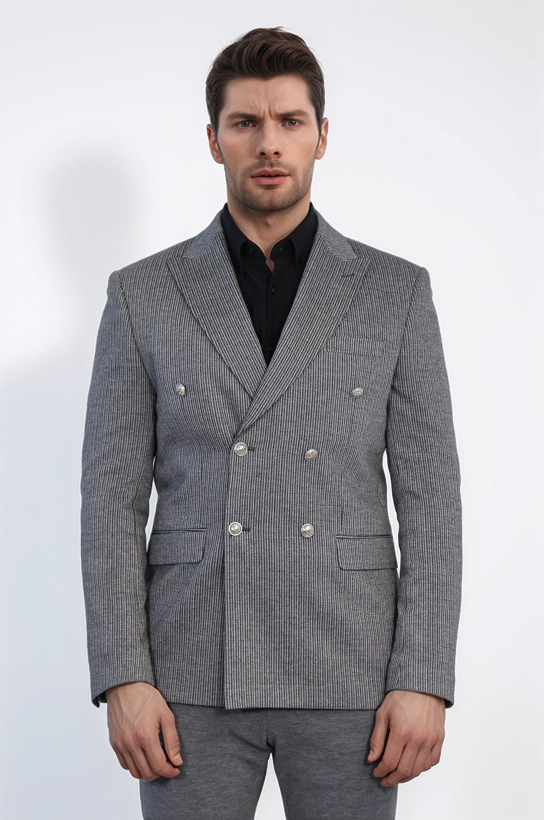 WSS Anthracite Pinstriped Slim Fit Double-Breasted Blazer with Silver Metal Buttons –  - San Luis Potosí