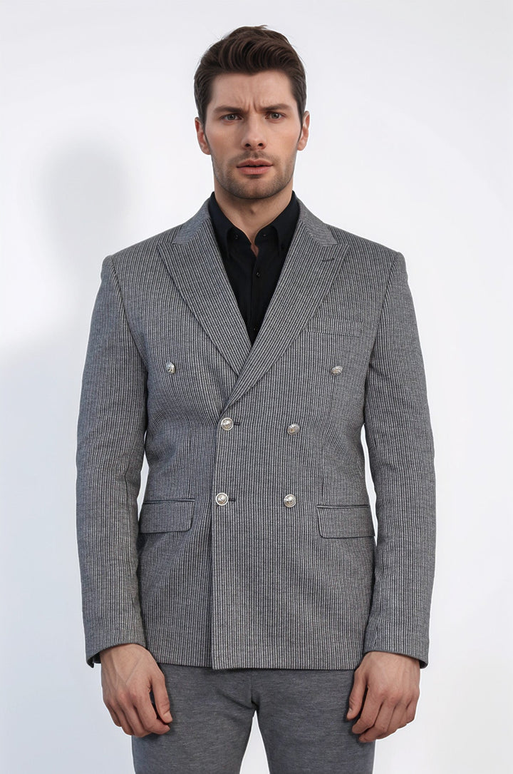 WSS Anthracite Pinstriped Slim Fit Double-Breasted Blazer with Silver Metal Buttons –  - San Luis Potosí