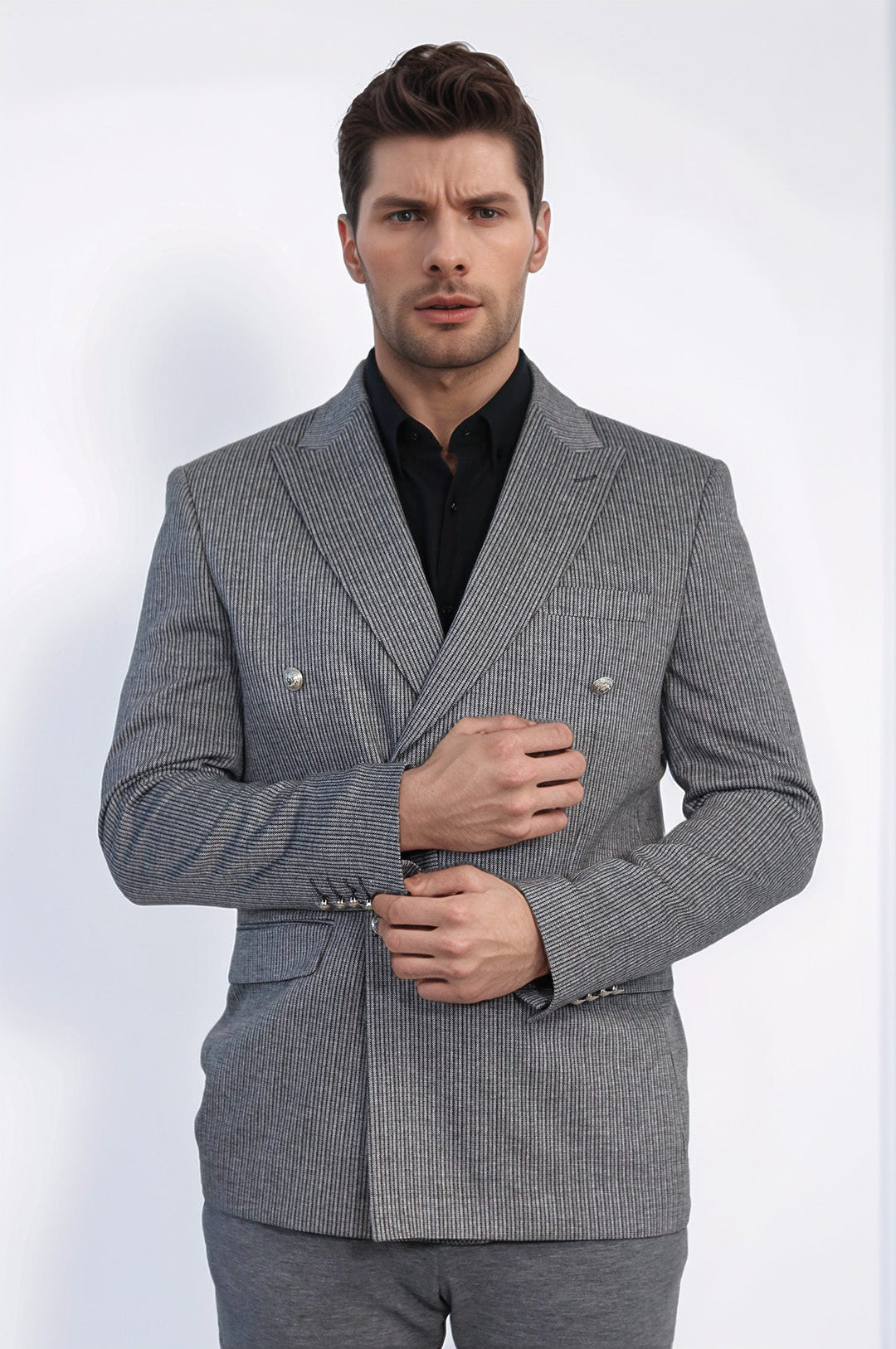 WSS Anthracite Pinstriped Slim Fit Double-Breasted Blazer with Silver Metal Buttons –  - San Luis Potosí